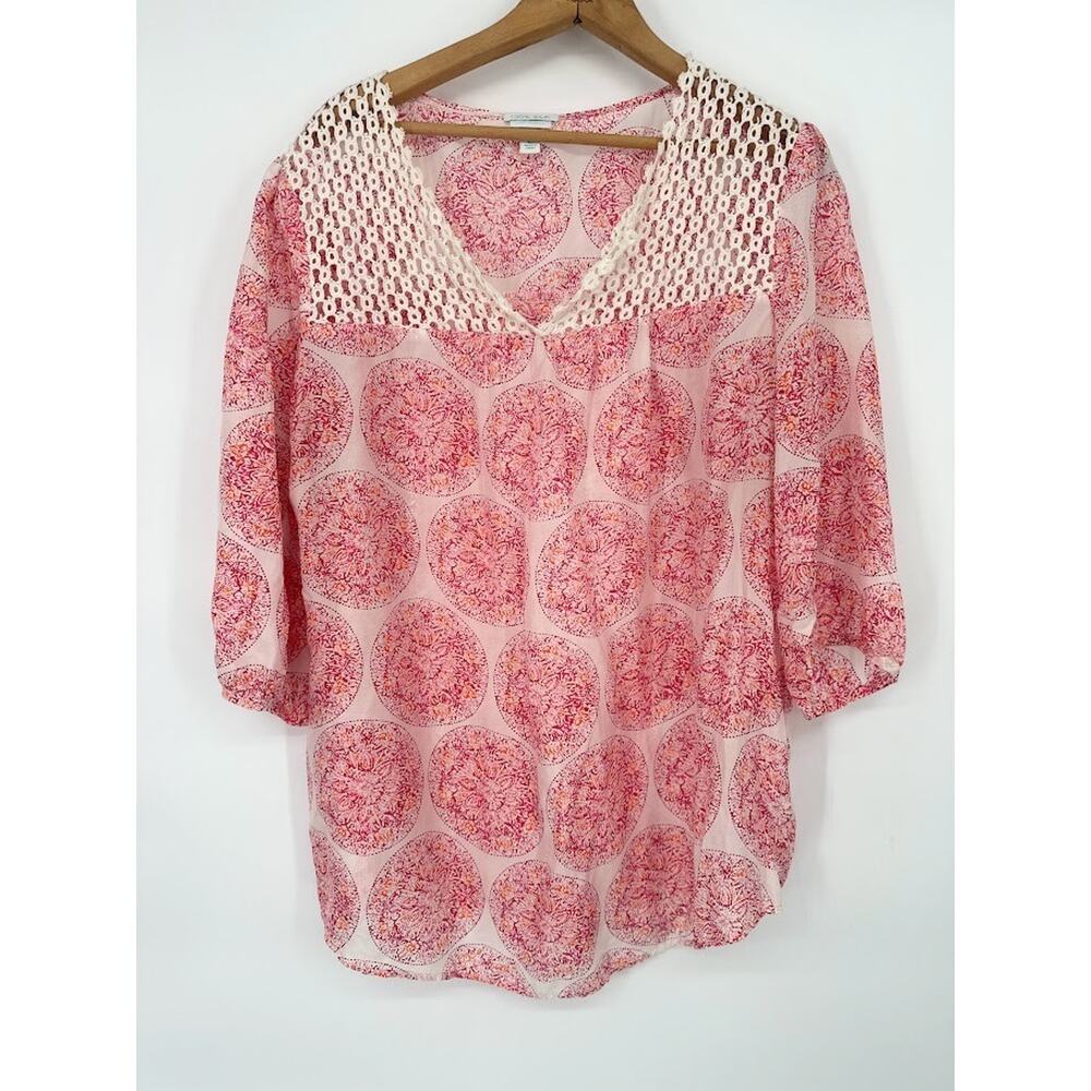 Calypso St Barth x Target Silk Tunic Top Pink Mandala Crochet Womens XL Beachy